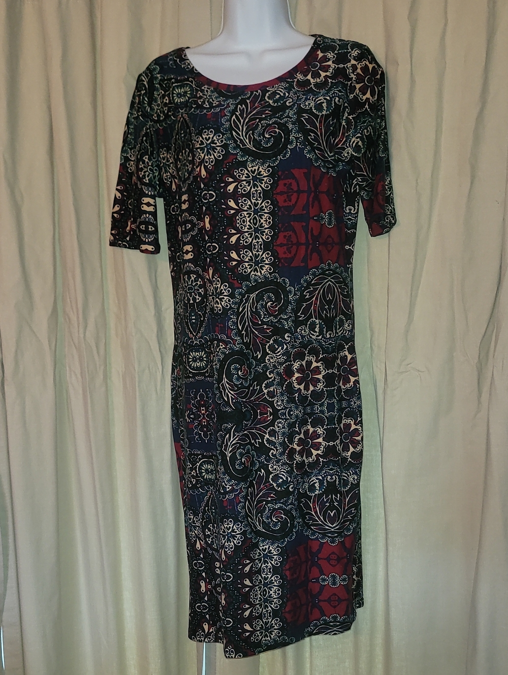 LuLaRoe Navy, Burgundy & Cream Patterned Midi Dress LEGGING MATRIAL